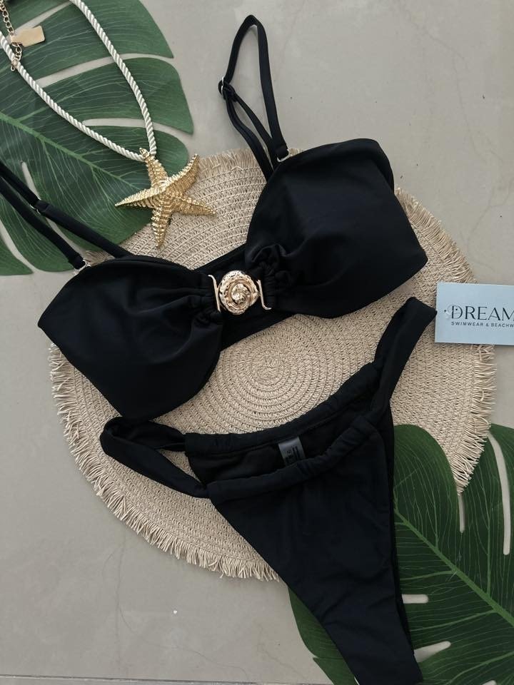 Bikini Liso Caracol Dorado - Negro
