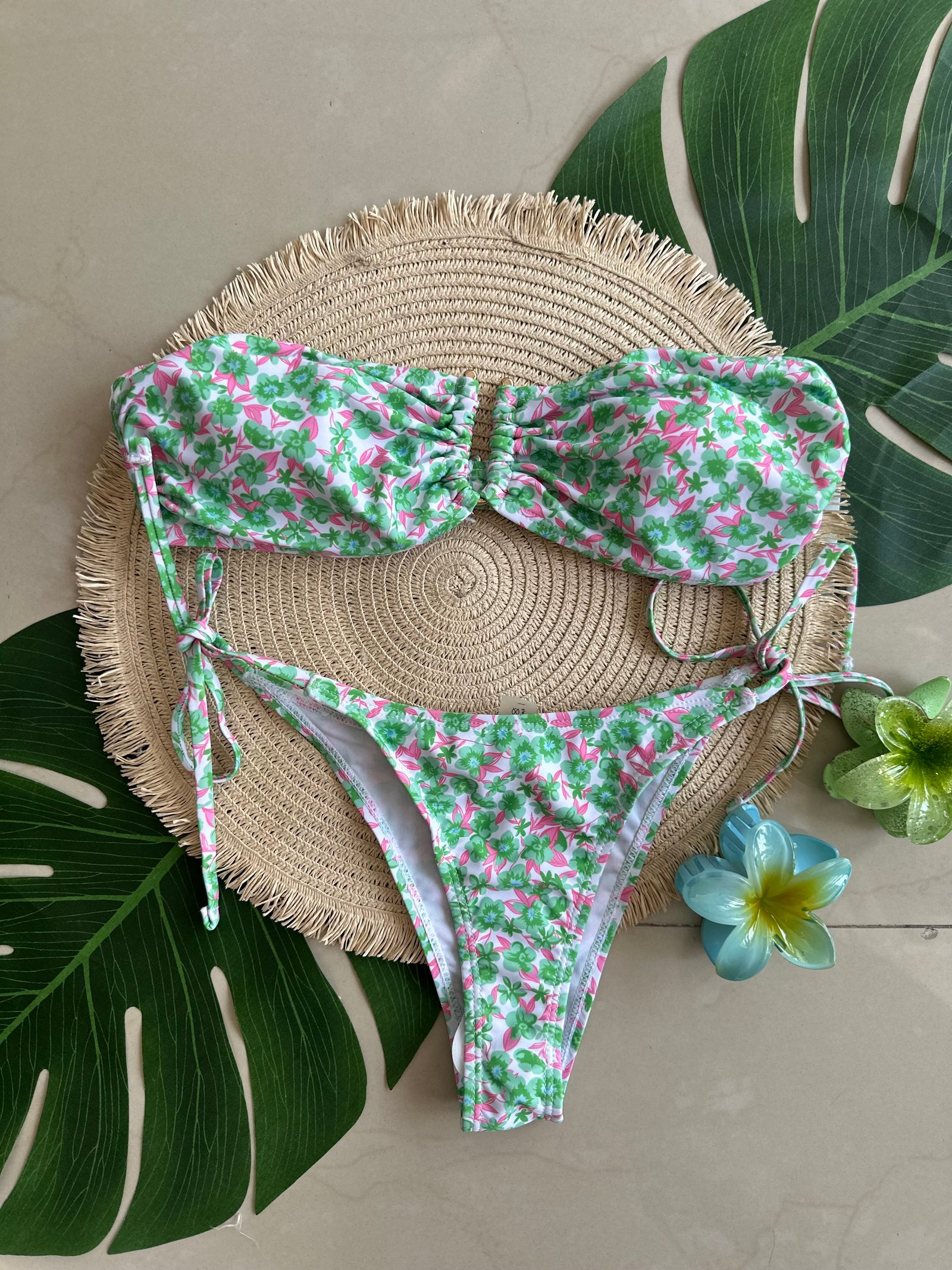 Bikini Strapless Floreado - Verde/Blanco