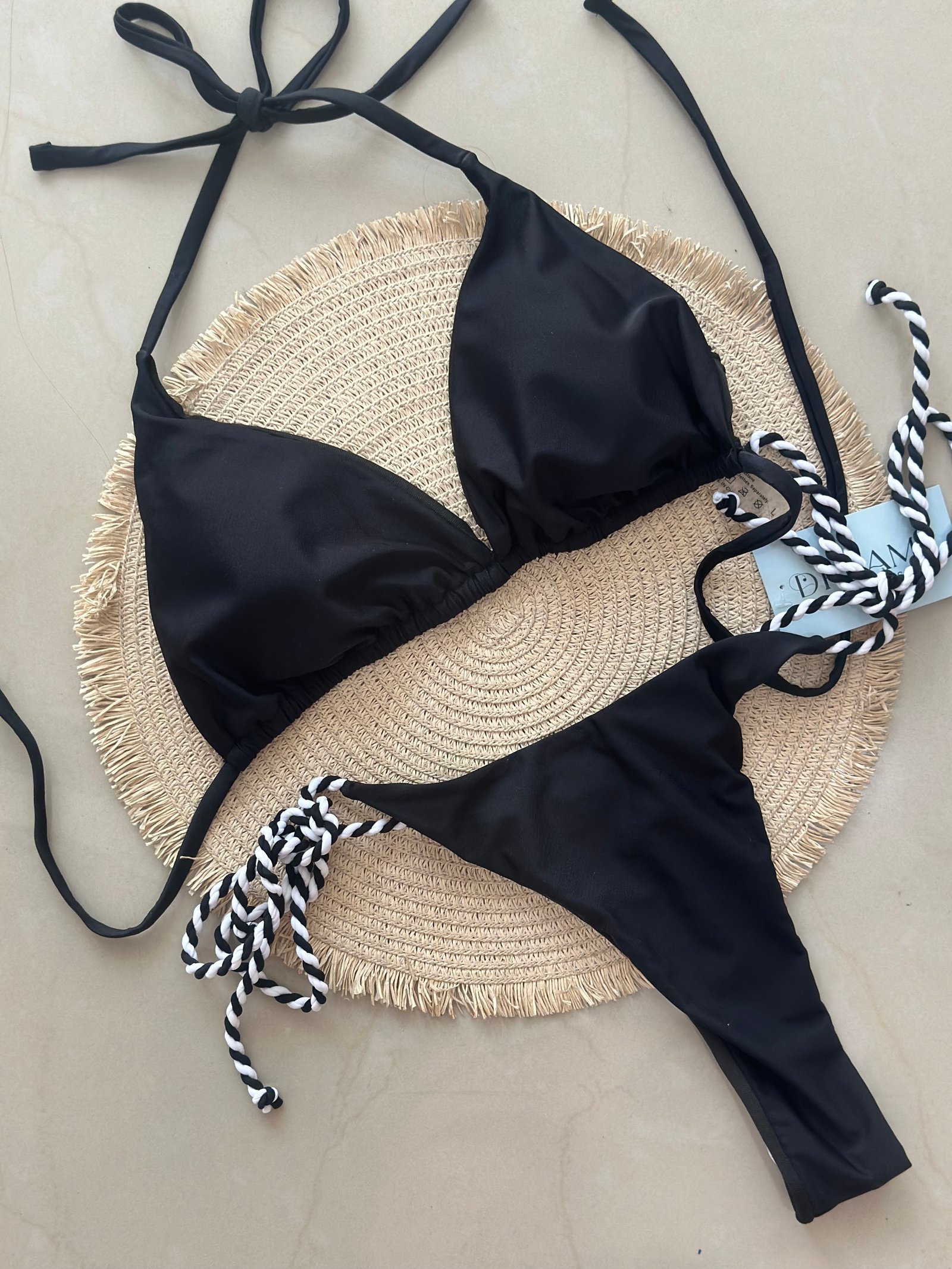 Bikini Tanga Cordón Combinado - Negro